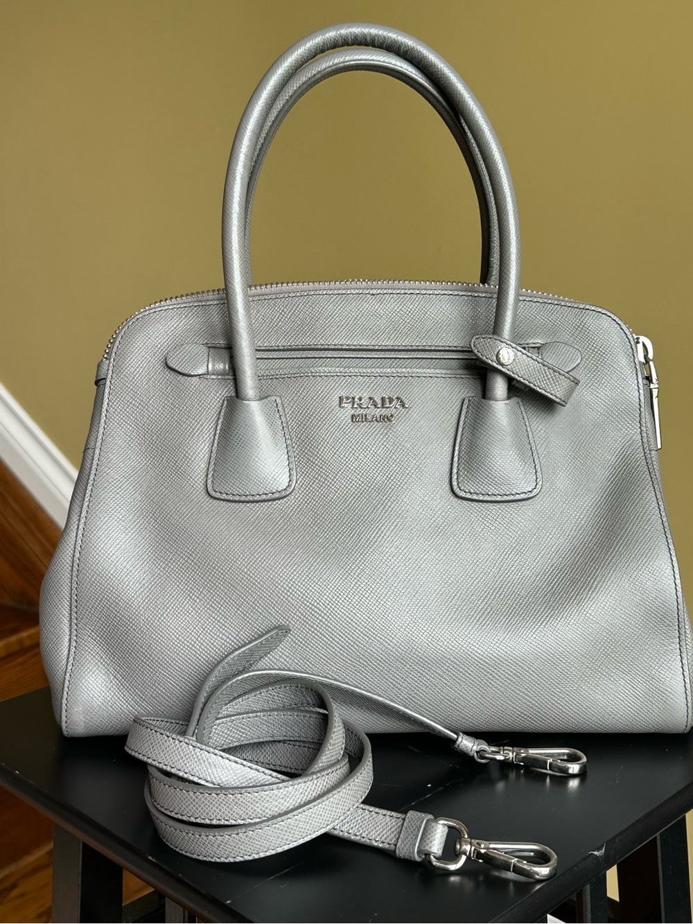 Prada Grey Saffiano Dome Leather Satchel Totel Bag with Strap